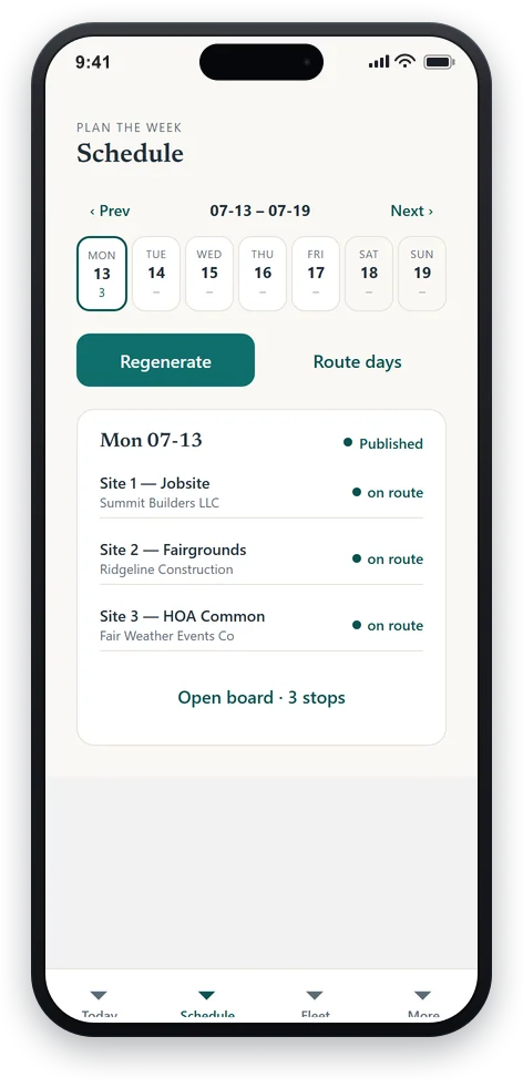 The schedule in the SwapProof app — a week of service days with their stop counts, one tap from each day's route board.