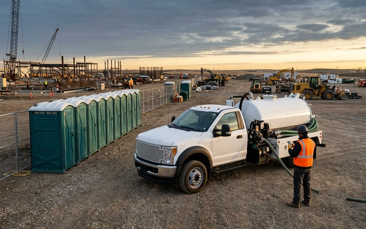 A portable-sanitation crew at a construction site at dawn — a white pump truck servicing a row of teal restroom units along the fence line, an operator in a hi-vis vest working the hose, cool morning light.